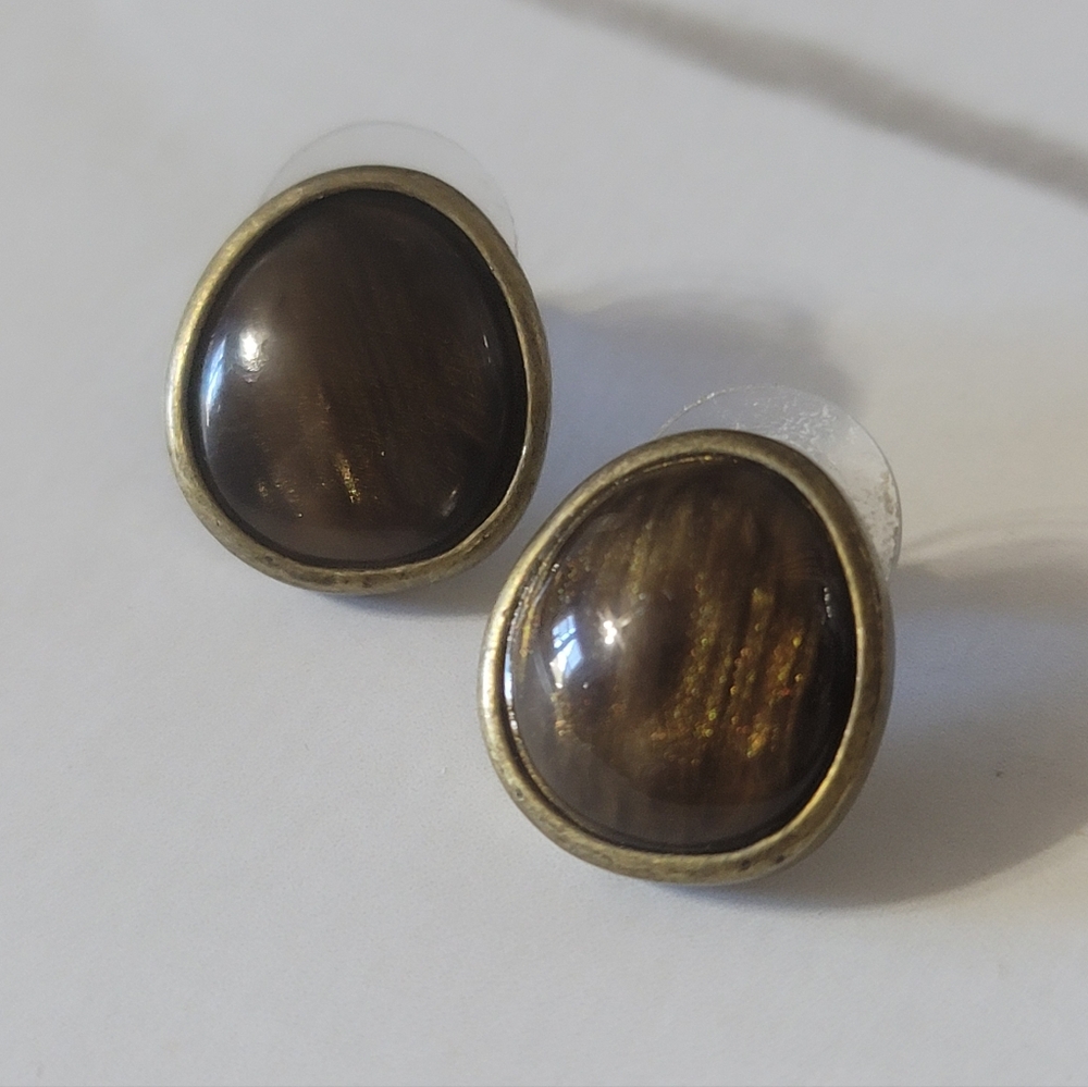 TIGERS EYE Gold Trim Vintage Earrings